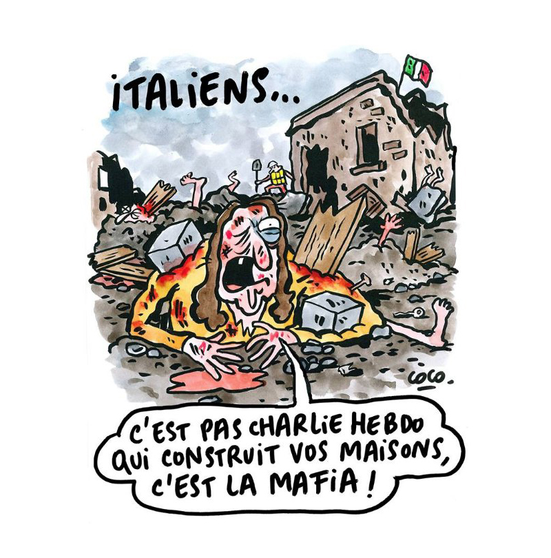 La coprtina di Charlie Hebdo dedicata al terremoto in centro Italia
