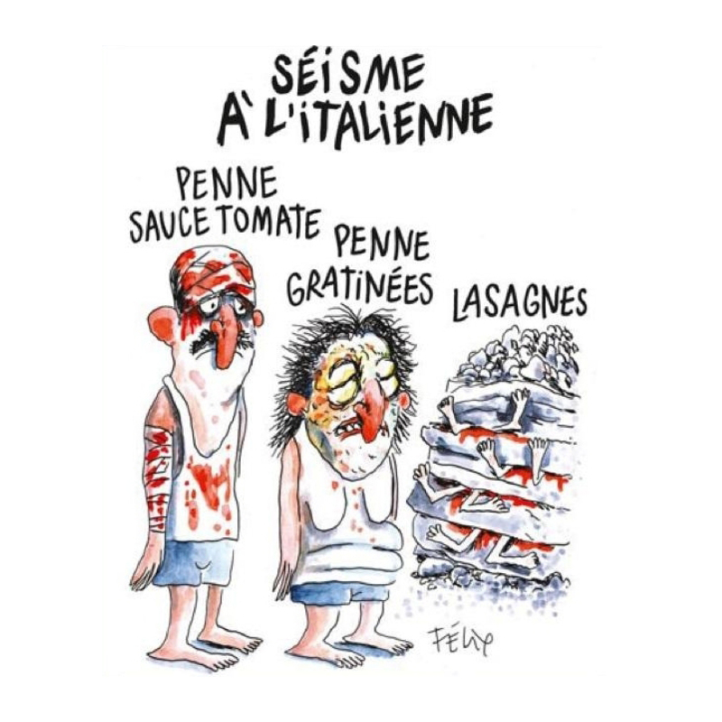 La coprtina di Charlie Hebdo dedicata al terremoto in centro Italia