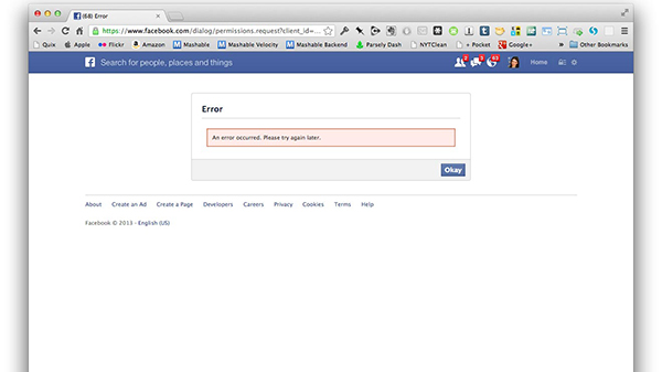 Screenshot di una pagina di errore su Facebook