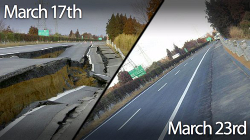 L'autostrada Great Kanto Highway dopo il sisma e oggi