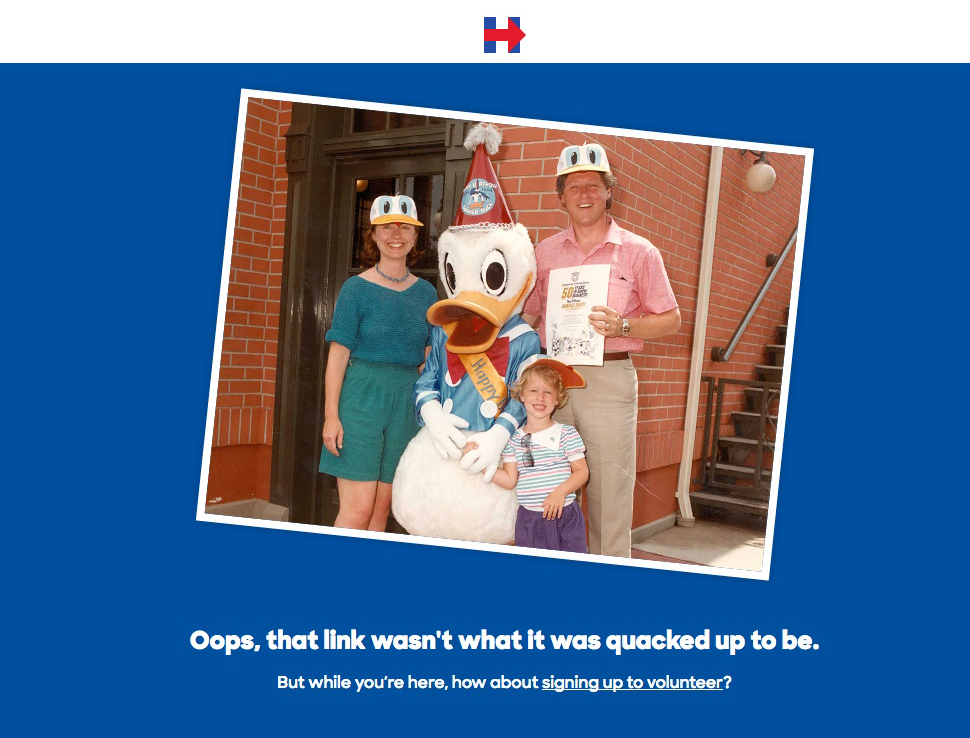 La pagina 404 del sito di Hillary Clinton