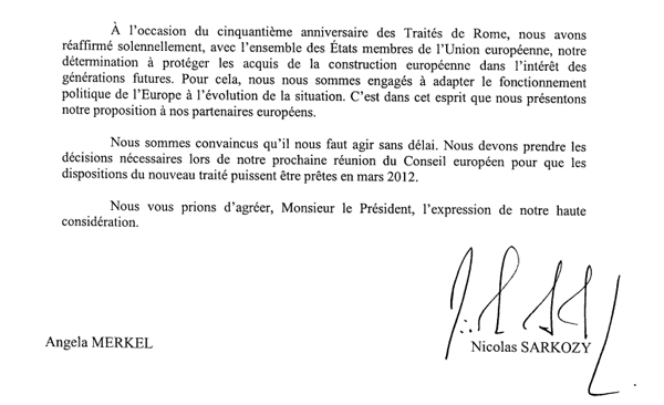 Screenshot della lettera di Merkel e Sarkozy