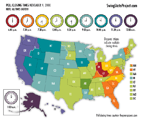 Mappa dell'orario di chiusura dei seggi negli Stati Uniti d'America
