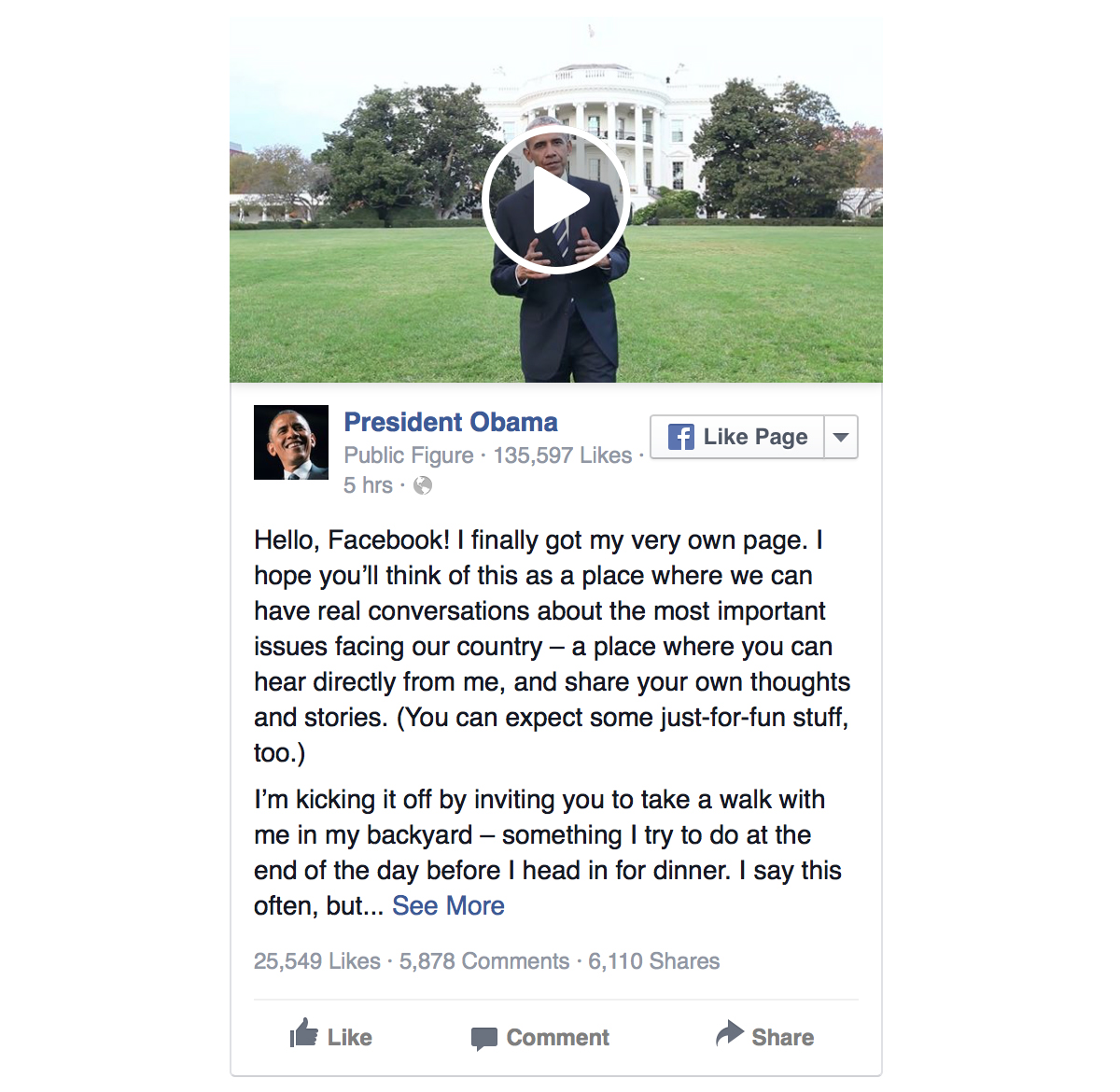 Il primo post su Facebook del presidente Obama