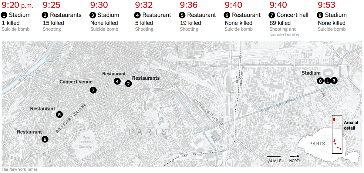 Mappa degli attentati terroristici a Parigi
