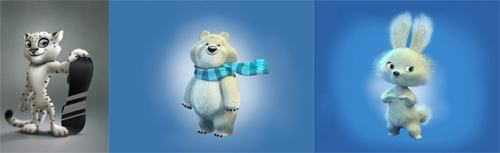 Le tre mascotte di Sochi 2014: il leopardo delle neve, l'orso polare e il coniglio bianco