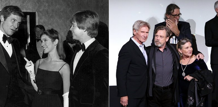 Harrison Ford Mark Hamill e Carry Fisher nel 1979 e nel 2015