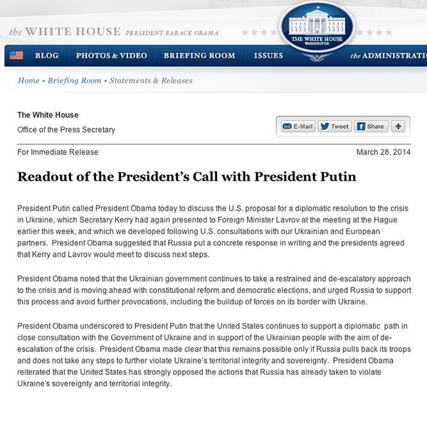 Il comunicato della Casa Bianca sulla telefonata tra Putin e Obama