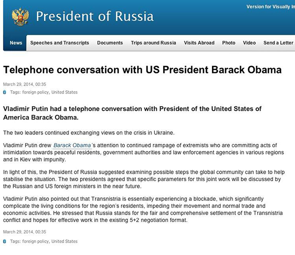 Il comunicato del Cremlino sulla telefonata tra Putin e Obama