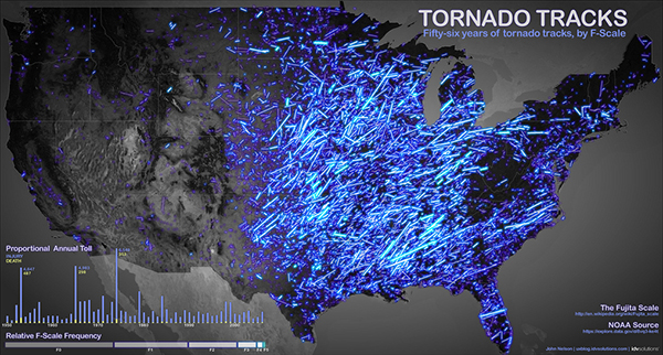 La mappa dei tornado dal 1950 al 2011