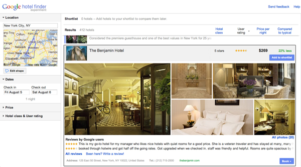 Screenshot di Google Hotel Finder