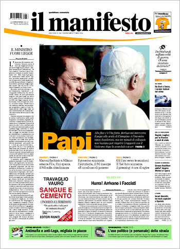 La prima pagina del Manifesto che ritrae il Papa e Berlusconi, dal titolo Papi
