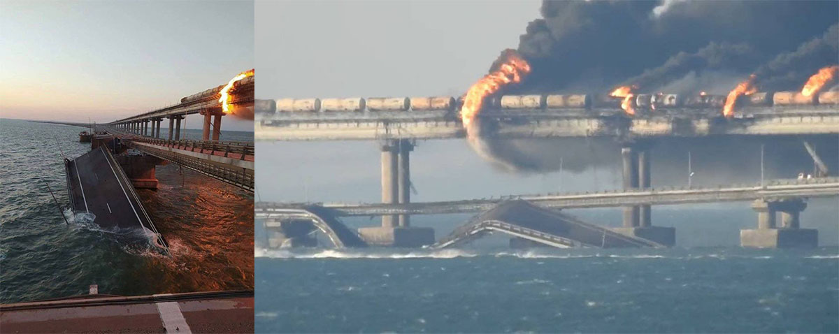 Il Ponte di Crimea crollato e in fiamme